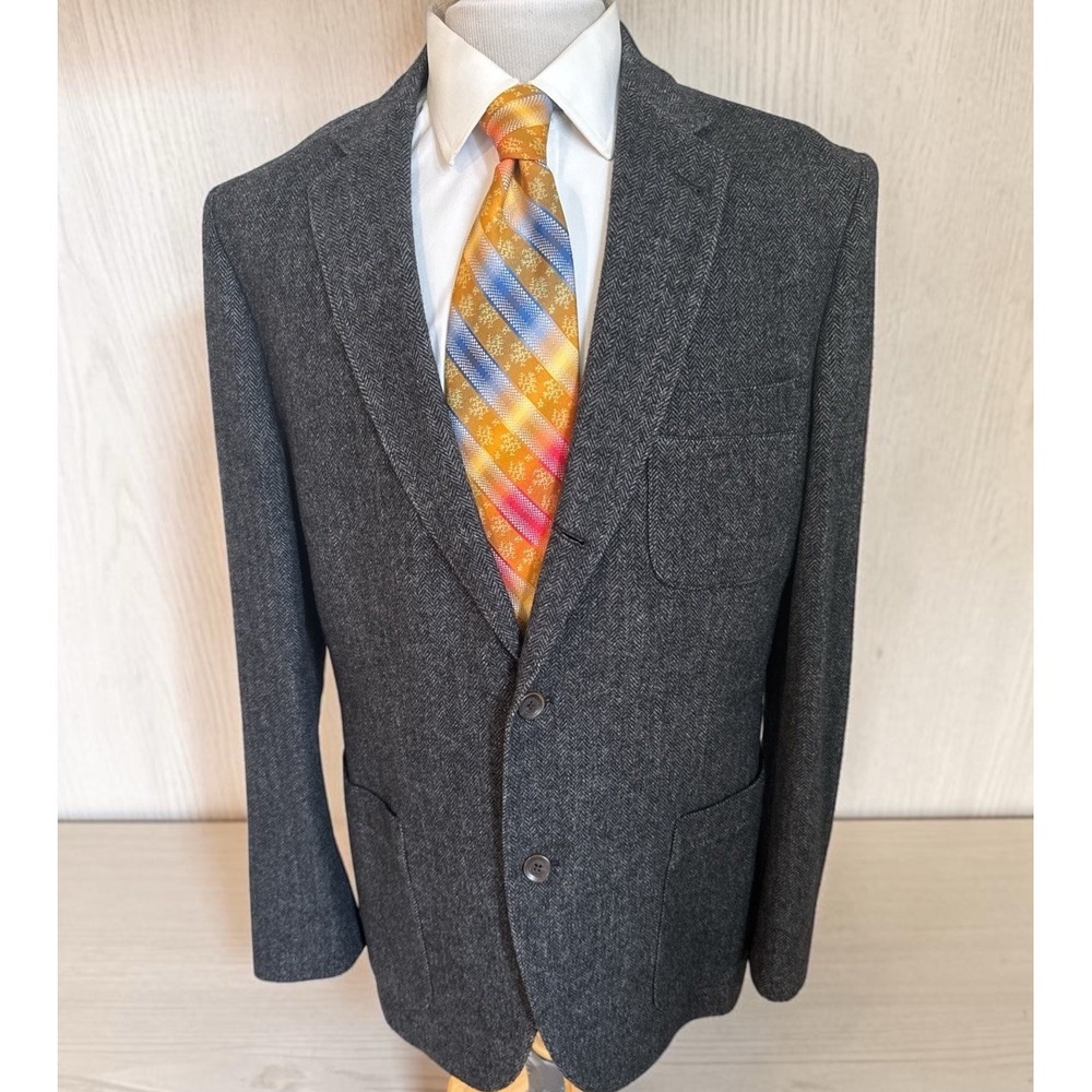 Kroon Sport Coat 42L Tweed Flannel Wool Bamboo Gray Herringbone Elbow Pad Jacket